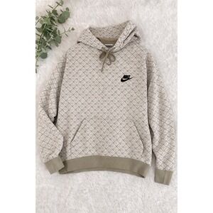 Nike Hoodie Mens Large Tan All Over Print Logo Pullover Sweatshirt DR0401-208